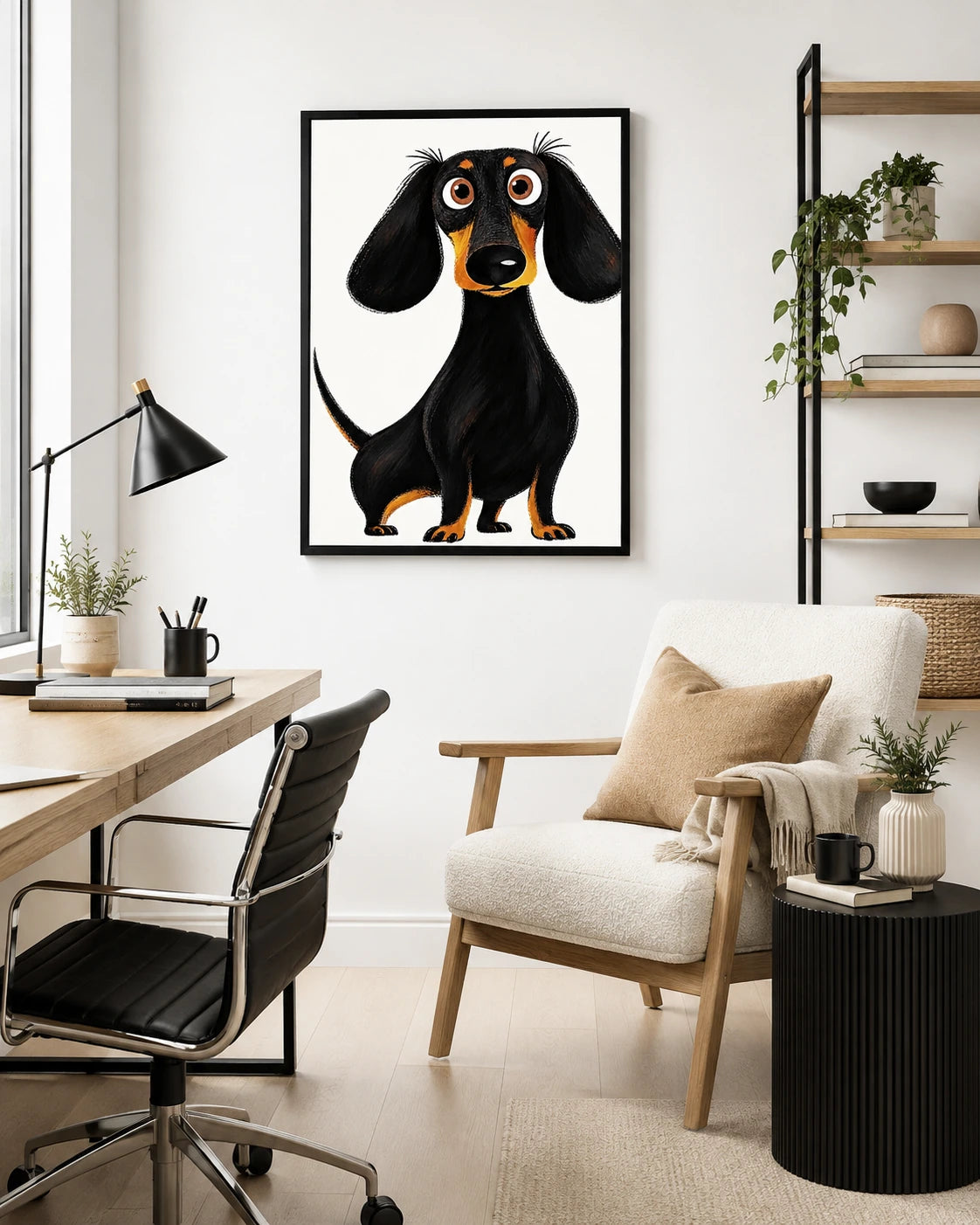 The Playful Cartoon Dachshund – Quirky Black Dog Wall Art on Natural Wood Grain Canvas