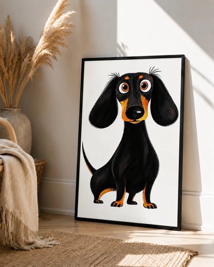 The Playful Cartoon Dachshund – Quirky Black Dog Wall Art on Natural Wood Grain Canvas
