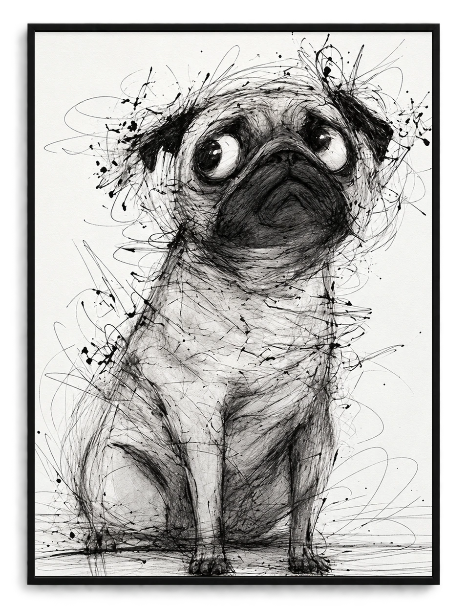 The Sketch-Style Pug – Minimalist Line Art Wall Art on Natural Wood Canvas