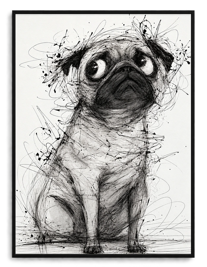 The Sketch-Style Pug – Minimalist Line Art Wall Art on Natural Wood Canvas