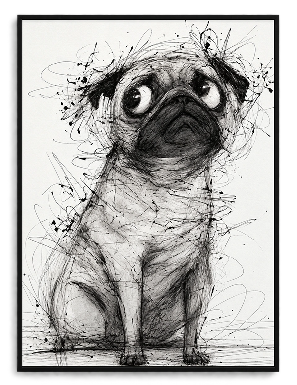 The Sketch-Style Pug – Minimalist Line Art Wall Art on Natural Wood Canvas