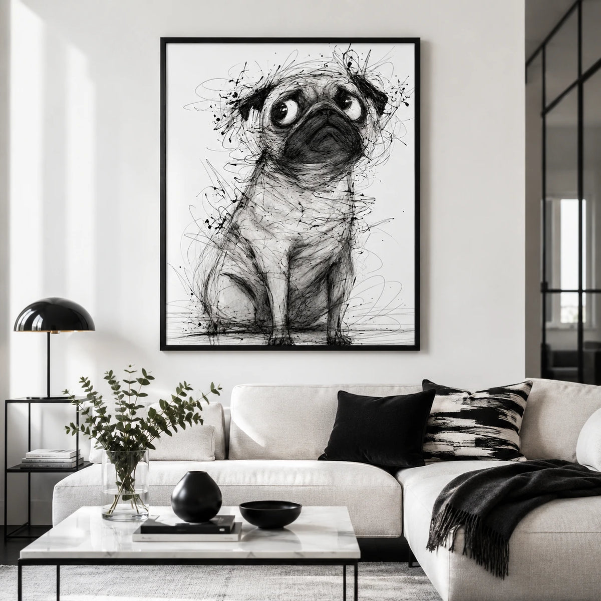 The Sketch-Style Pug – Minimalist Line Art Wall Art on Natural Wood Canvas