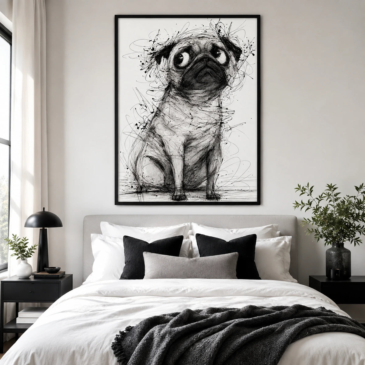 The Sketch-Style Pug – Minimalist Line Art Wall Art on Natural Wood Canvas