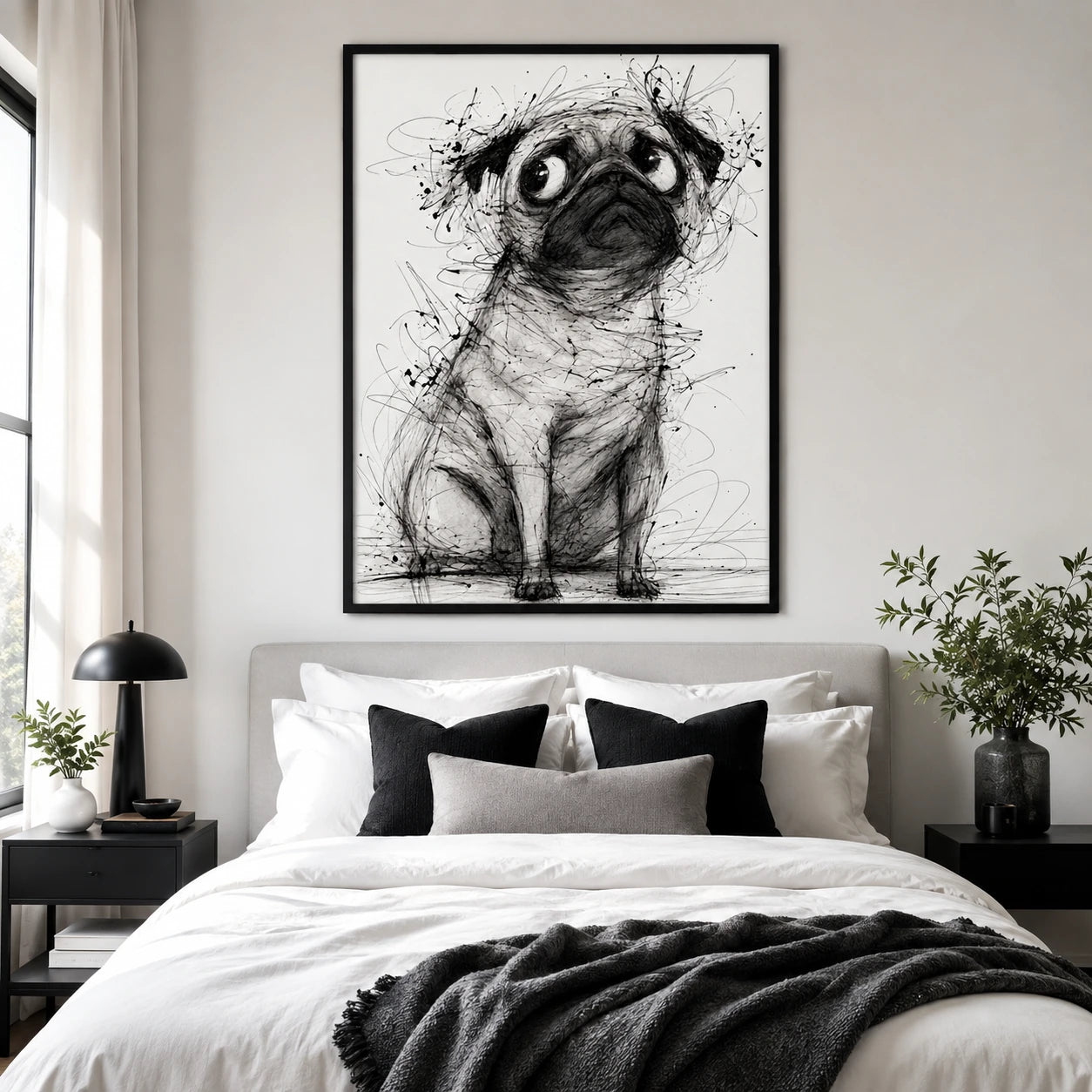 The Sketch-Style Pug – Minimalist Line Art Wall Art on Natural Wood Canvas