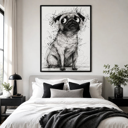 The Sketch-Style Pug – Minimalist Line Art Wall Art on Natural Wood Canvas