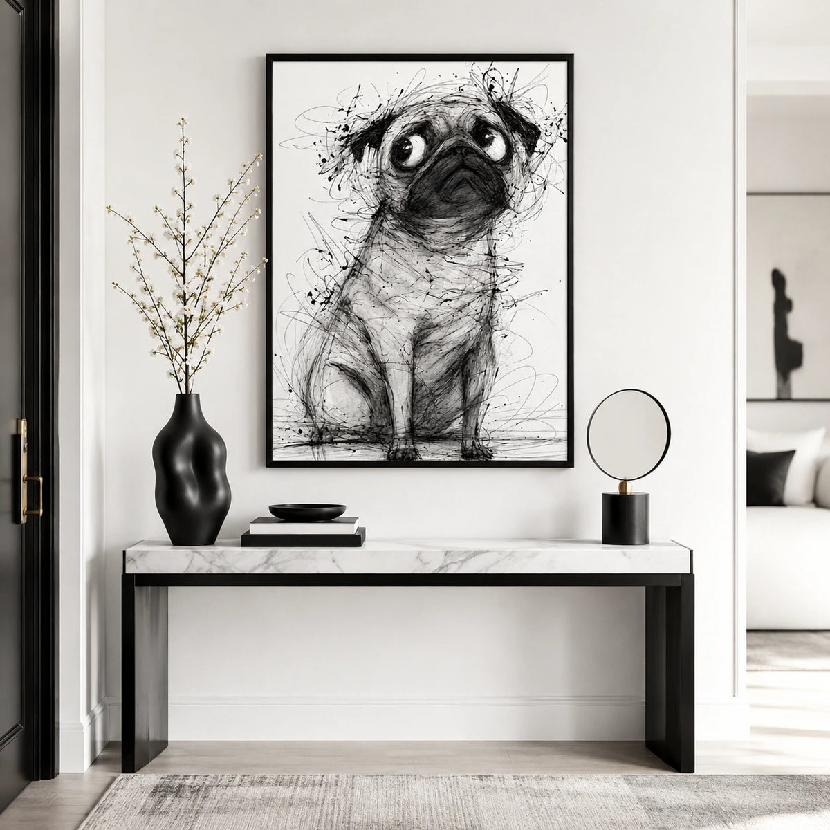 The Sketch-Style Pug – Minimalist Line Art Wall Art on Natural Wood Canvas