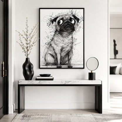The Sketch-Style Pug – Minimalist Line Art Wall Art on Natural Wood Canvas