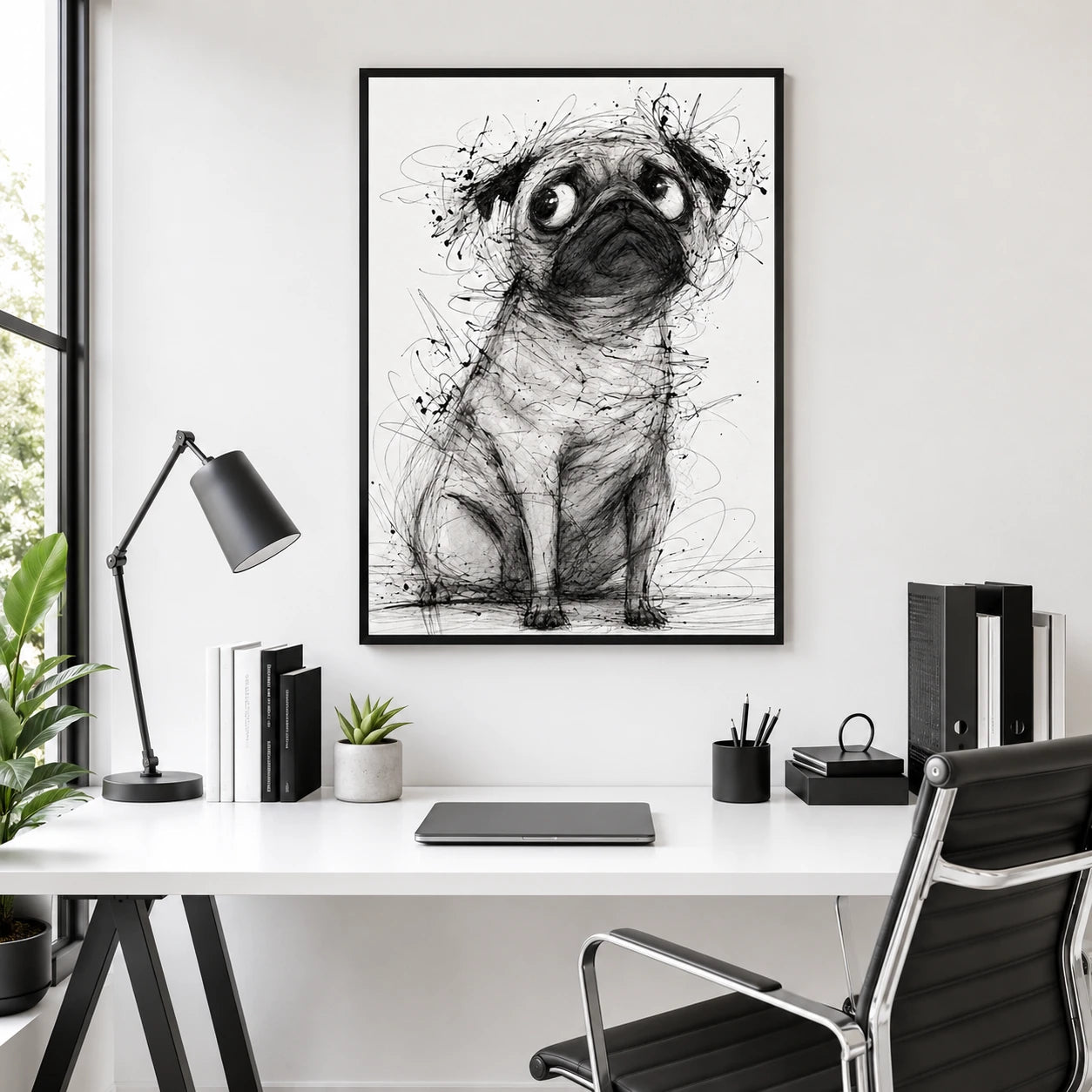 The Sketch-Style Pug – Minimalist Line Art Wall Art on Natural Wood Canvas