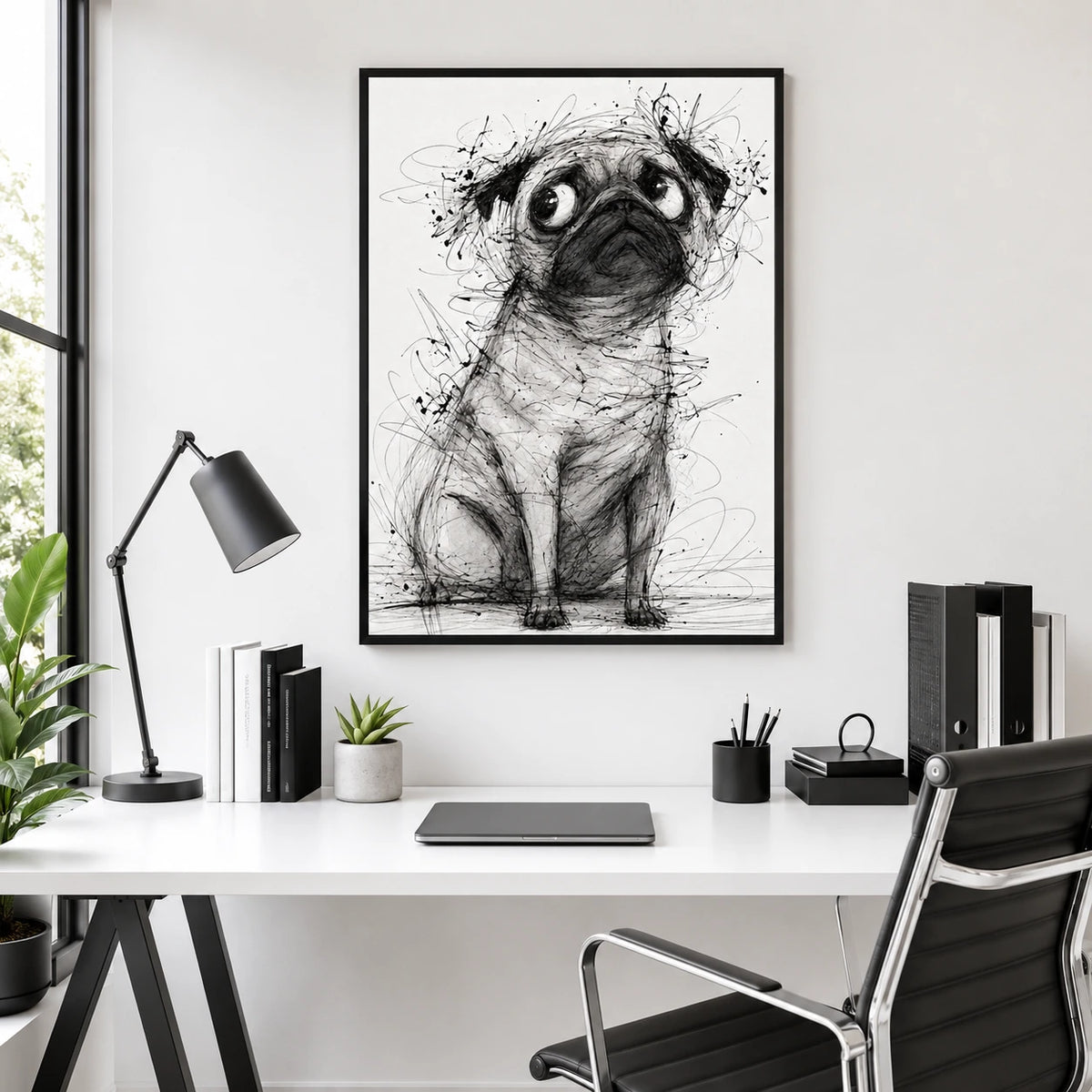 The Sketch-Style Pug – Minimalist Line Art Wall Art on Natural Wood Canvas