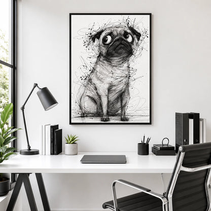 The Sketch-Style Pug – Minimalist Line Art Wall Art on Natural Wood Canvas