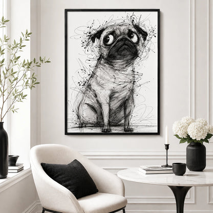 The Sketch-Style Pug – Minimalist Line Art Wall Art on Natural Wood Canvas