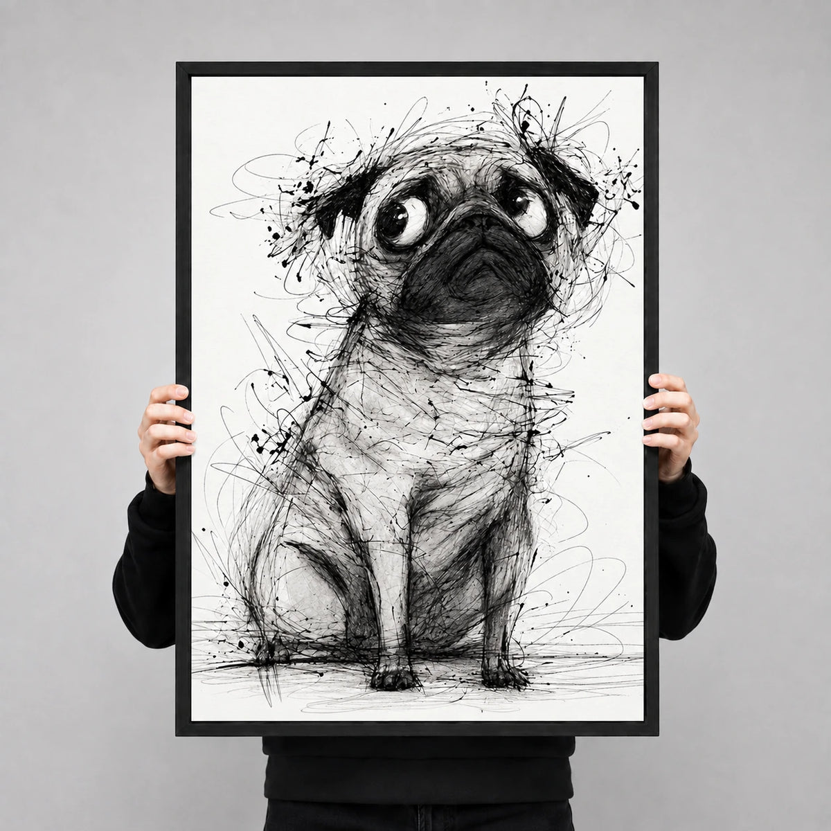 The Sketch-Style Pug – Minimalist Line Art Wall Art on Natural Wood Canvas