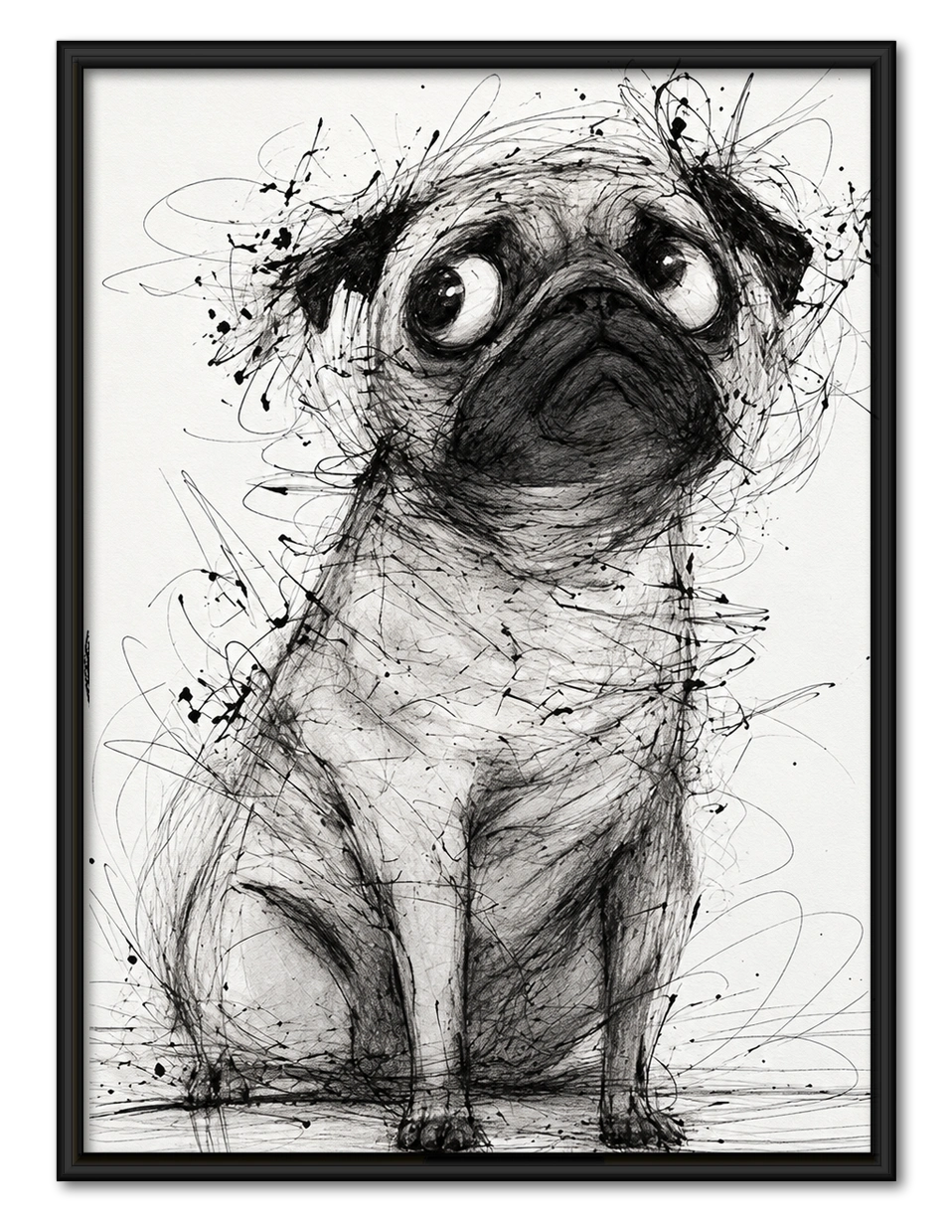 The Sketch-Style Pug – Minimalist Line Art Wall Art on Natural Wood Canvas