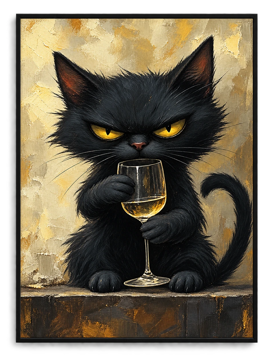 The Sophisticated Black Cat – Elegant Cat Wall Art on Natural Wood Canvas