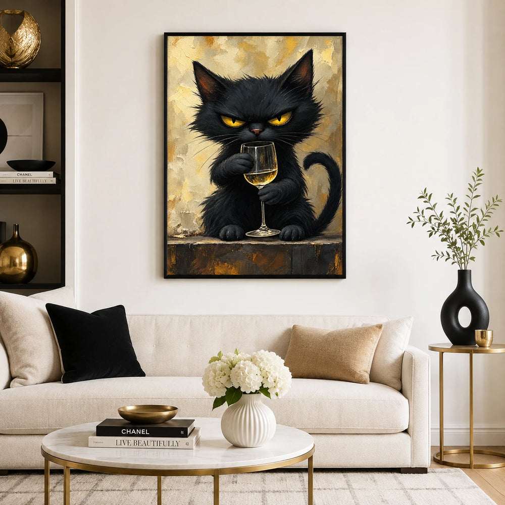 The Sophisticated Black Cat – Elegant Cat Wall Art on Natural Wood Canvas