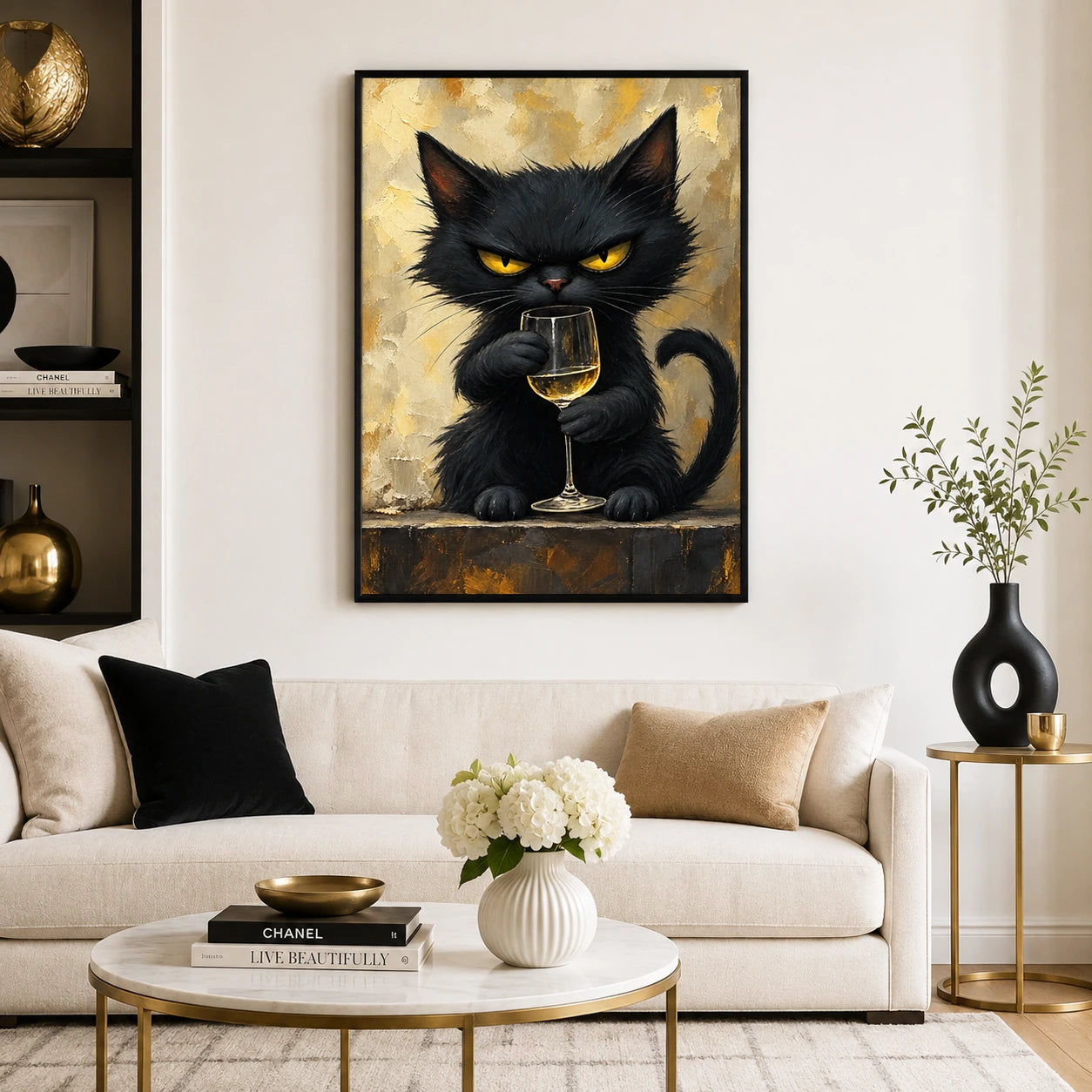 The Sophisticated Black Cat – Elegant Cat Wall Art on Natural Wood Canvas