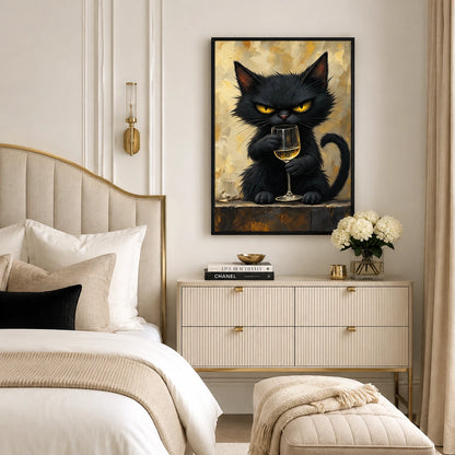 The Sophisticated Black Cat – Elegant Cat Wall Art on Natural Wood Canvas