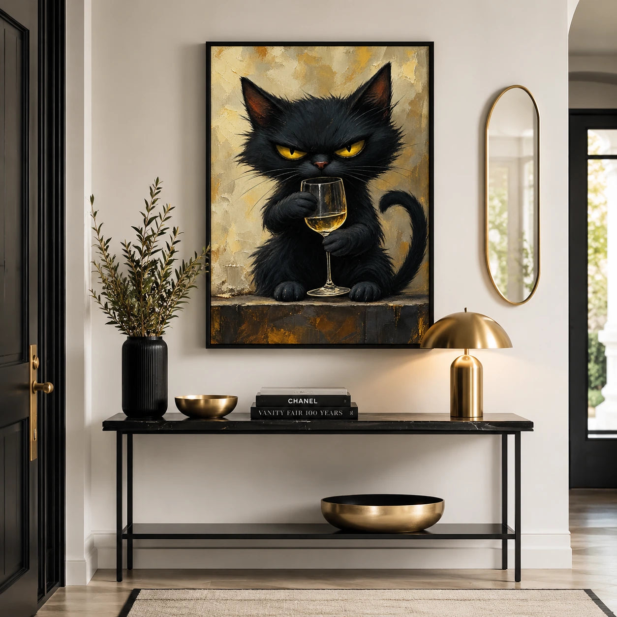 The Sophisticated Black Cat – Elegant Cat Wall Art on Natural Wood Canvas