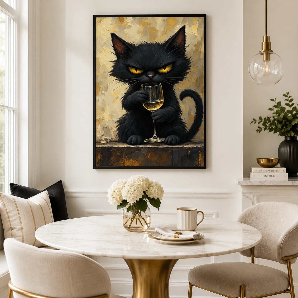 The Sophisticated Black Cat – Elegant Cat Wall Art on Natural Wood Canvas