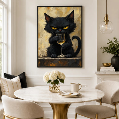 The Sophisticated Black Cat – Elegant Cat Wall Art on Natural Wood Canvas