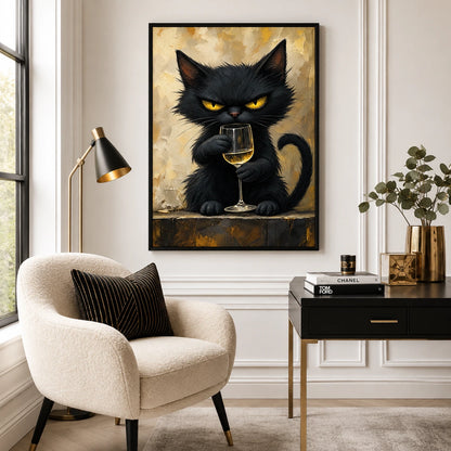 The Sophisticated Black Cat – Elegant Cat Wall Art on Natural Wood Canvas