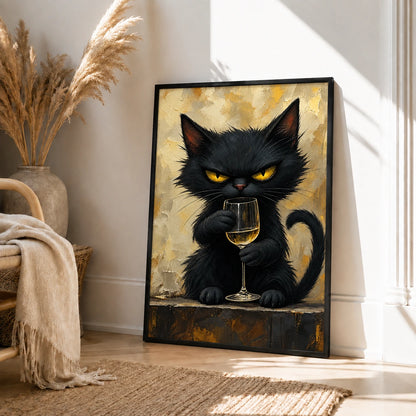 The Sophisticated Black Cat – Elegant Cat Wall Art on Natural Wood Canvas