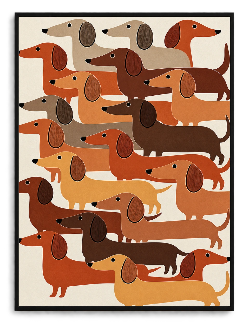 The Stacked Dachshund Crew – Abstract Retro Wall Art on Natural Wood Canvas