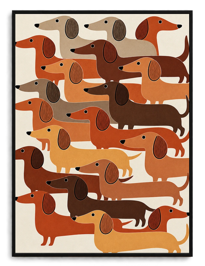 The Stacked Dachshund Crew – Abstract Retro Wall Art on Natural Wood Canvas