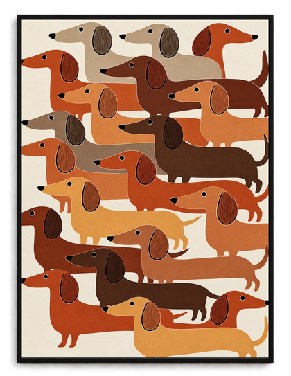 The Stacked Dachshund Crew – Abstract Retro Wall Art on Natural Wood Canvas