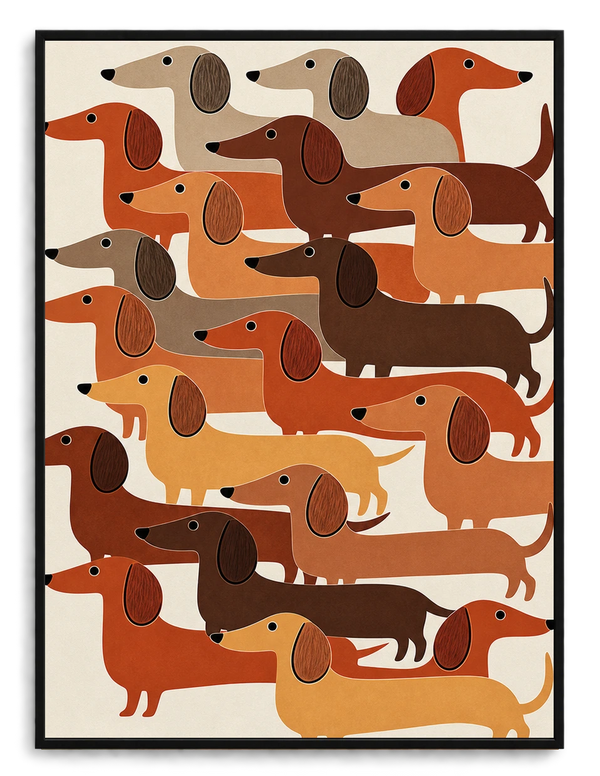The Stacked Dachshund Crew – Abstract Retro Wall Art on Natural Wood Canvas