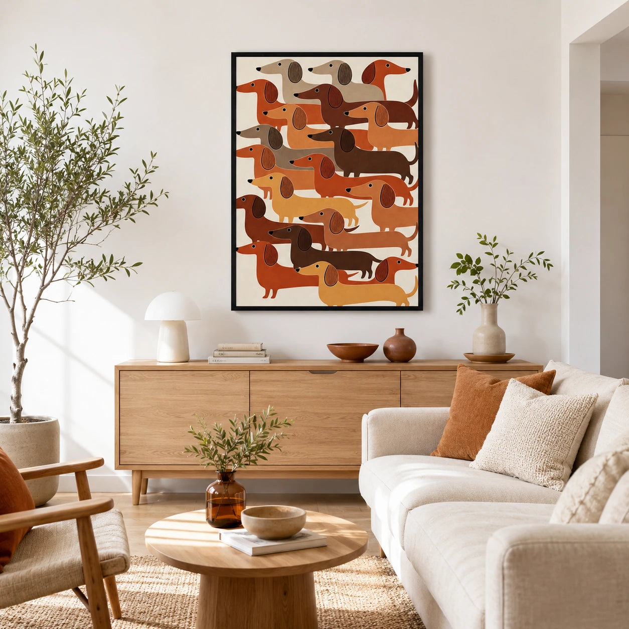The Stacked Dachshund Crew – Abstract Retro Wall Art on Natural Wood Canvas