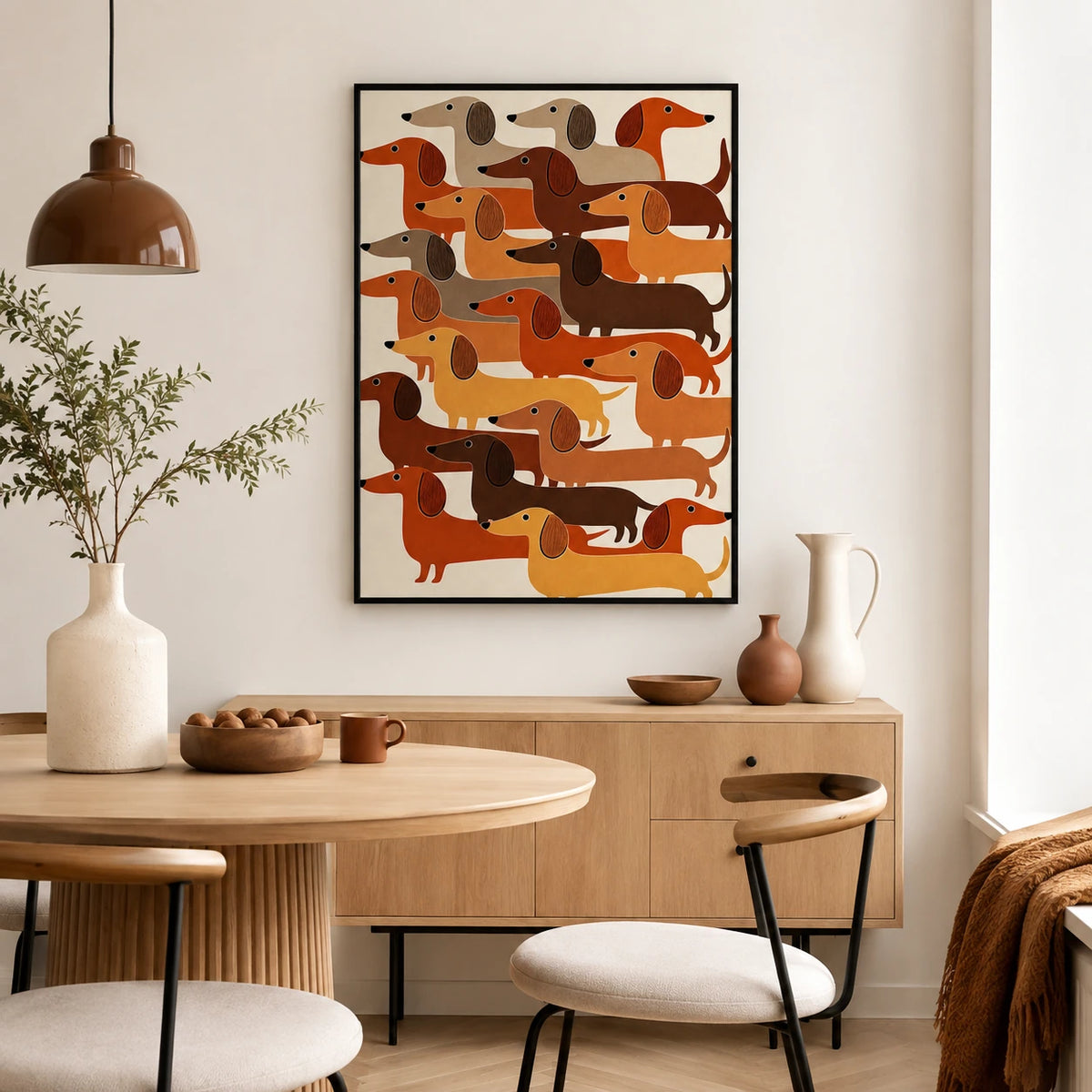 The Stacked Dachshund Crew – Abstract Retro Wall Art on Natural Wood Canvas