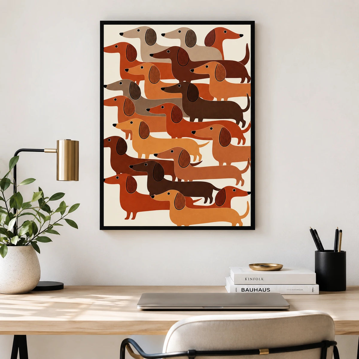 The Stacked Dachshund Crew – Abstract Retro Wall Art on Natural Wood Canvas