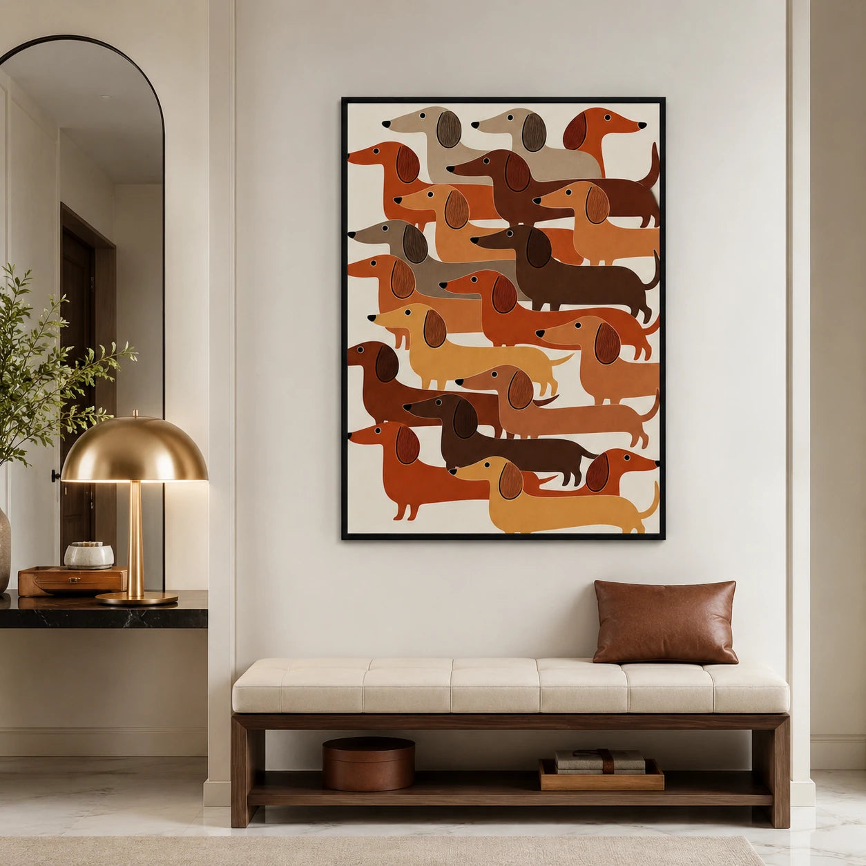 The Stacked Dachshund Crew – Abstract Retro Wall Art on Natural Wood Canvas