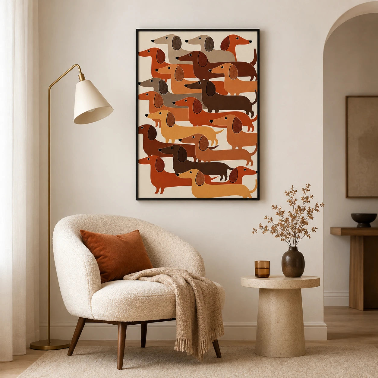 The Stacked Dachshund Crew – Abstract Retro Wall Art on Natural Wood Canvas