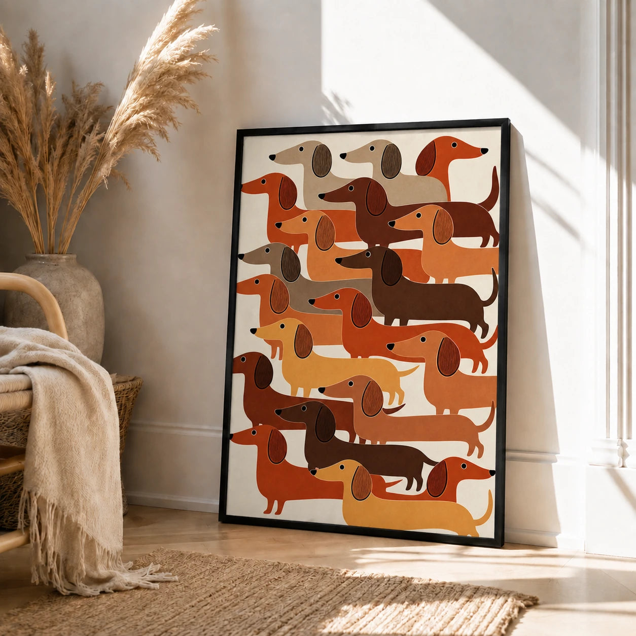 The Stacked Dachshund Crew – Abstract Retro Wall Art on Natural Wood Canvas