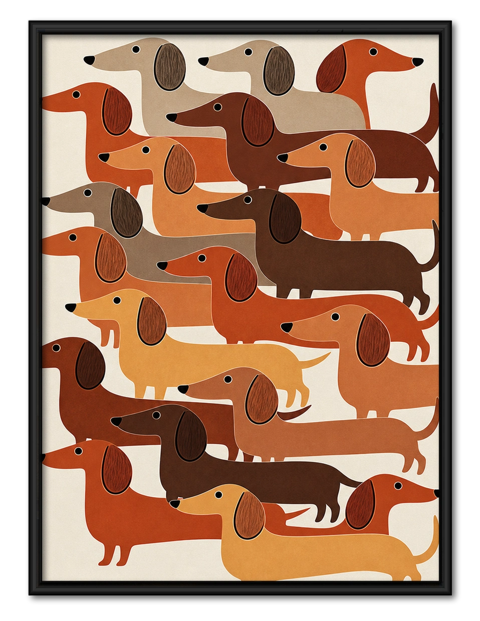 The Stacked Dachshund Crew – Abstract Retro Wall Art on Natural Wood Canvas