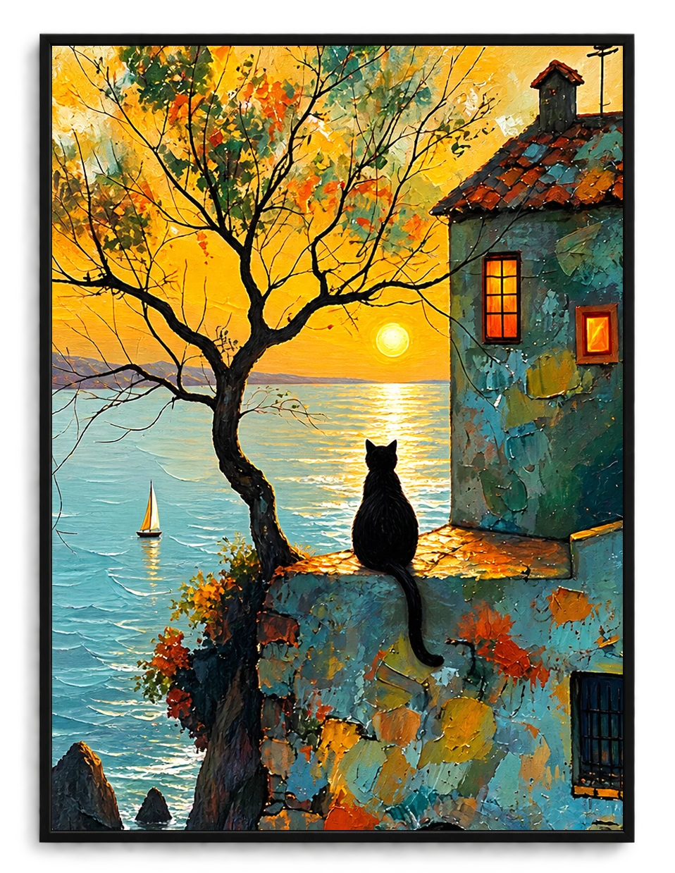 The Twilight Town Black Cat – Vintage Whimsical Wall Art on Natural Wood Canvas