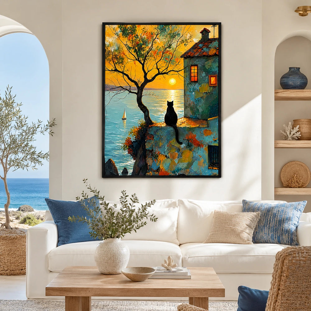 The Twilight Town Black Cat – Vintage Whimsical Wall Art on Natural Wood Canvas
