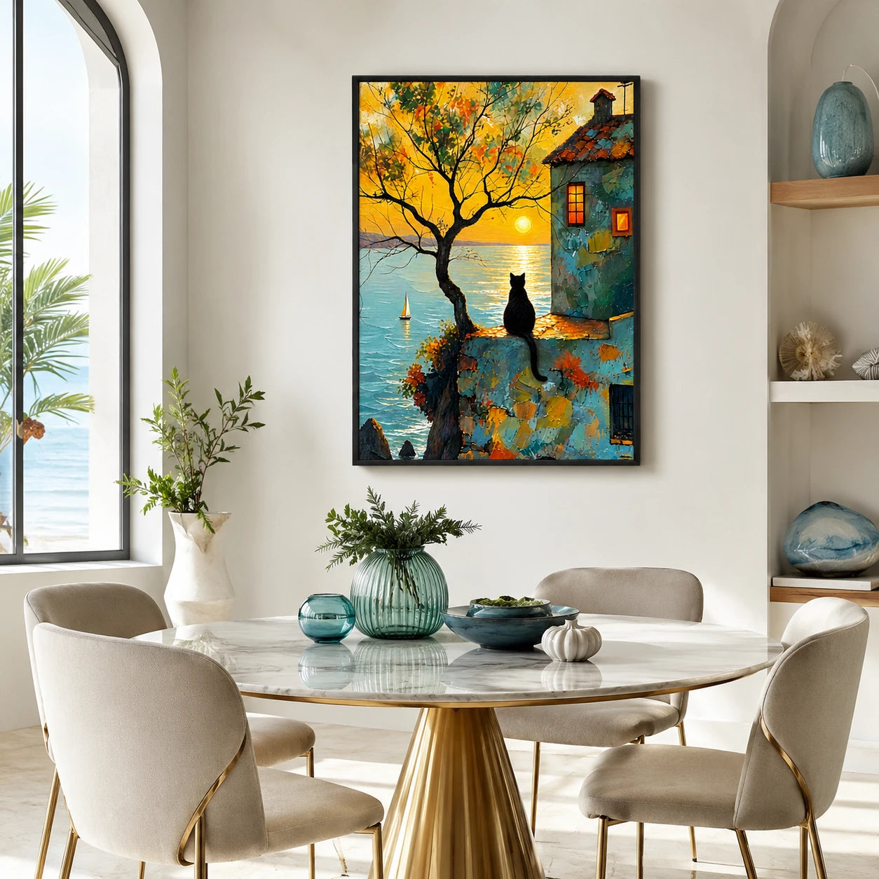 The Twilight Town Black Cat – Vintage Whimsical Wall Art on Natural Wood Canvas