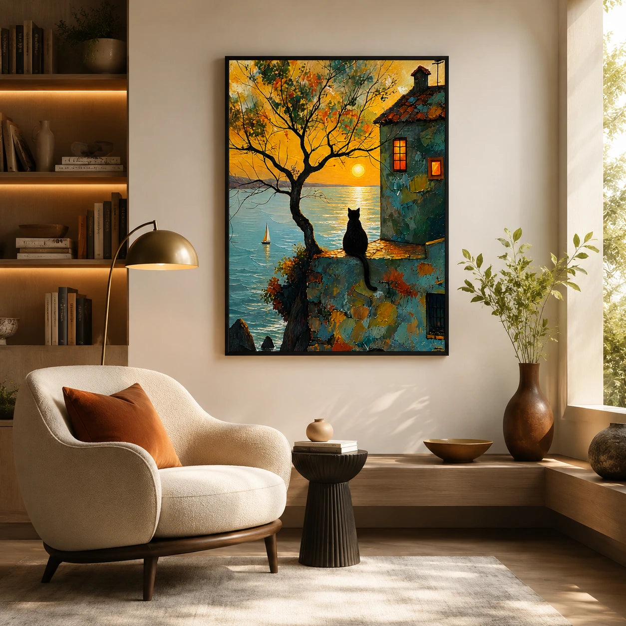 The Twilight Town Black Cat – Vintage Whimsical Wall Art on Natural Wood Canvas