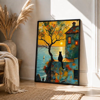 The Twilight Town Black Cat – Vintage Whimsical Wall Art on Natural Wood Canvas
