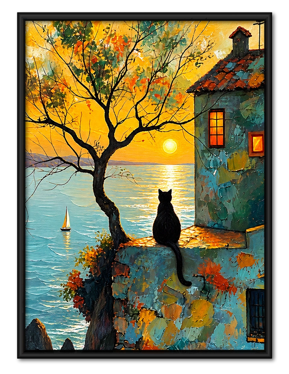 The Twilight Town Black Cat – Vintage Whimsical Wall Art on Natural Wood Canvas
