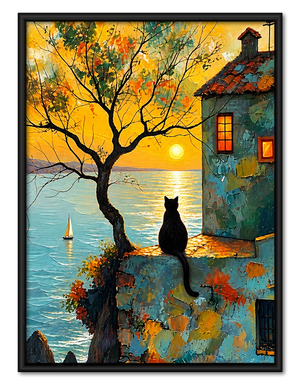 The Twilight Town Black Cat – Vintage Whimsical Wall Art on Natural Wood Canvas