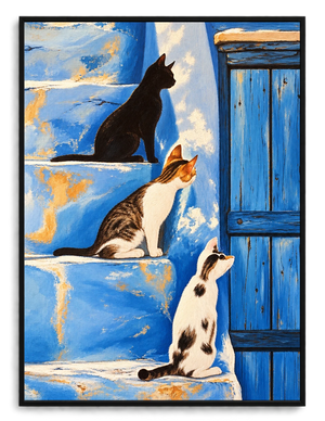 Three Cats on Blue Wall Art - Mediterranean Style Print