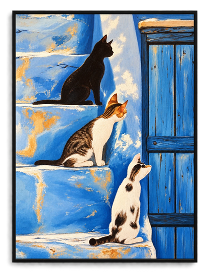 Three Cats on Blue Wall Art - Mediterranean Style Print