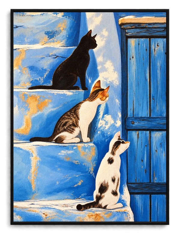 Three Cats on Blue Wall Art - Mediterranean Style Print