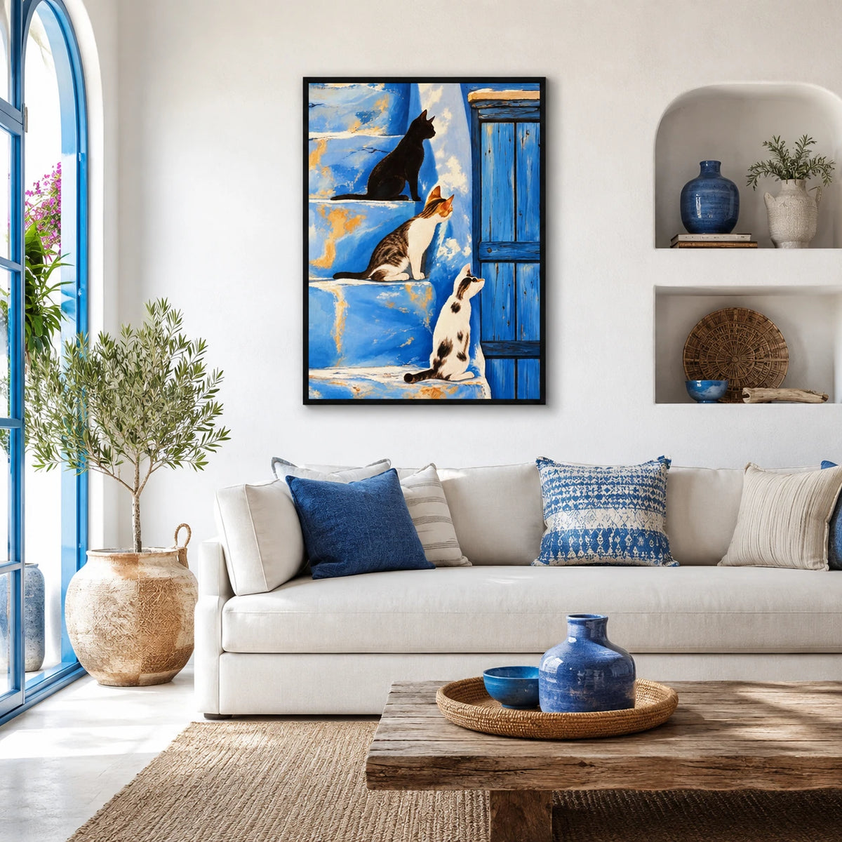 Three Cats on Blue Wall Art - Mediterranean Style Print