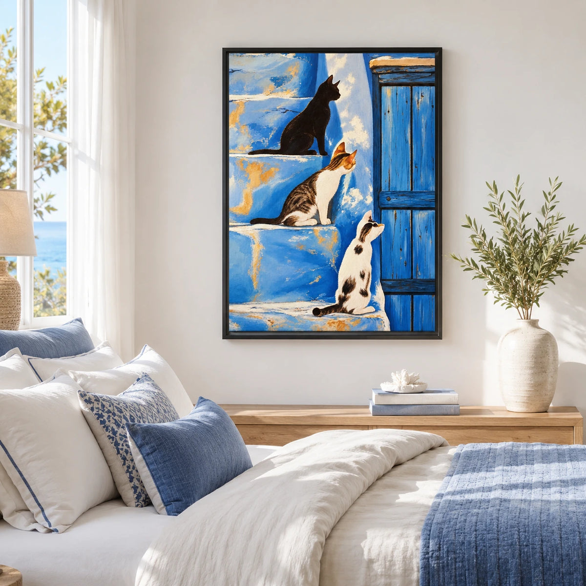 Three Cats on Blue Wall Art - Mediterranean Style Print