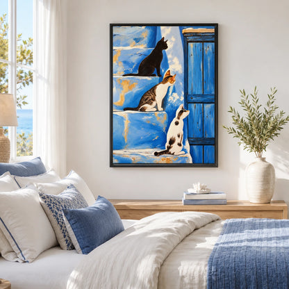 Three Cats on Blue Wall Art - Mediterranean Style Print